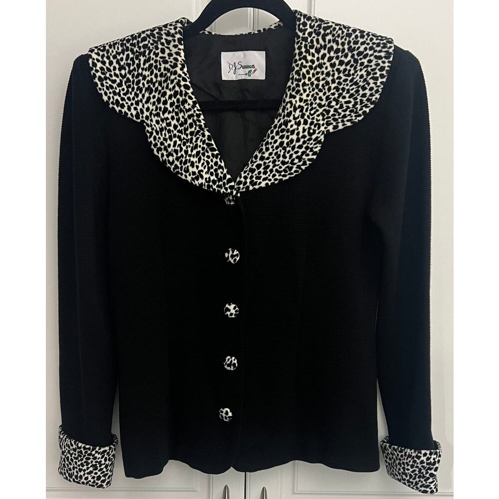 Vintage D.J. Sammers Black Ribbed Knit Button Front Jacket w/Animal Print Size M
